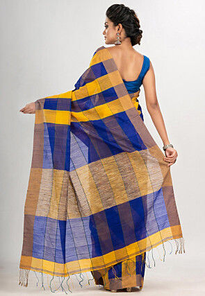 Handloom Cotton Saree in Yellow and Royal Blue