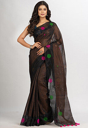 Handloom Cotton Silk Jamdani Saree in Black