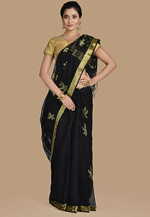 Handloom Cotton Silk Jamdani Saree in Black