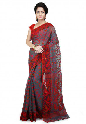 Handloom Cotton Silk Jamdani Saree in Light Grey