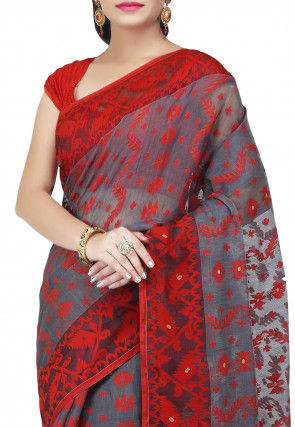 Handloom Cotton Silk Jamdani Saree in Light Grey