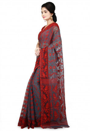 Handloom Cotton Silk Jamdani Saree in Light Grey