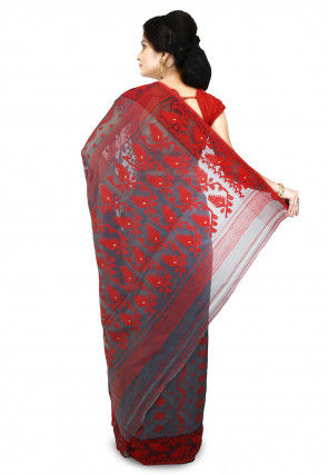 Handloom Cotton Silk Jamdani Saree in Light Grey