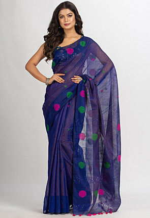 Handloom Cotton Silk Jamdani Saree in Navy blue