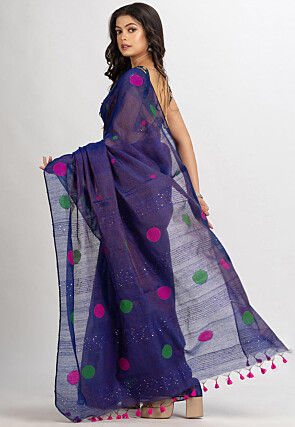 Handloom Cotton Silk Jamdani Saree in Navy blue