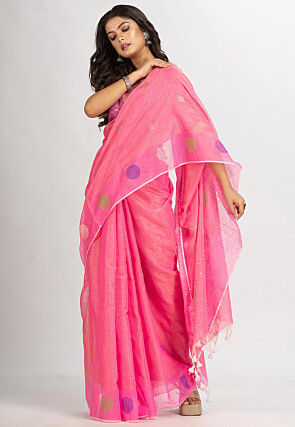 Handloom Cotton Silk Jamdani Saree in Pink