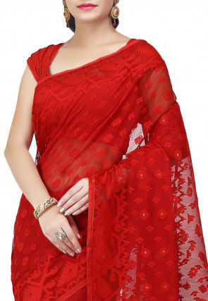 Handloom Cotton Silk Jamdani Saree in Red
