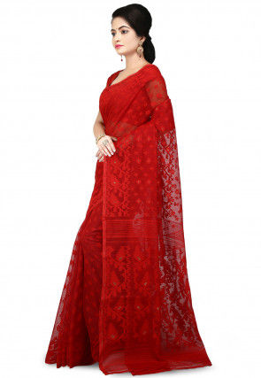 Handloom Cotton Silk Jamdani Saree in Red