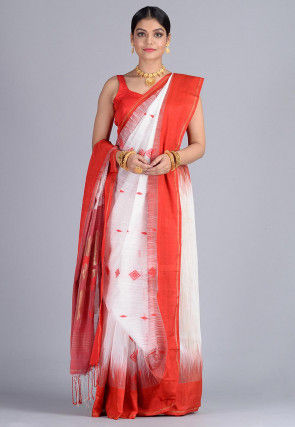 Handloom Cotton Silk Jamdani Saree in White and Red