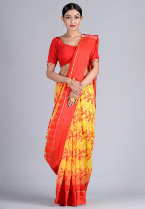 Handloom Cotton Silk Jamdani Saree in Yellow and Red