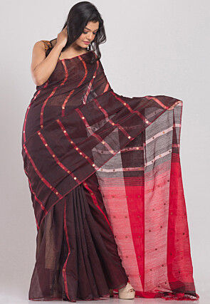 Handloom Cotton Silk Saree in Dark Brown