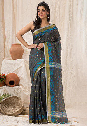 Handloom Cotton Silk Saree in Dark Grey