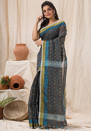 Handloom Cotton Silk Saree in Dark Grey