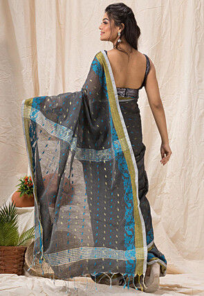 Handloom Cotton Silk Saree in Dark Grey
