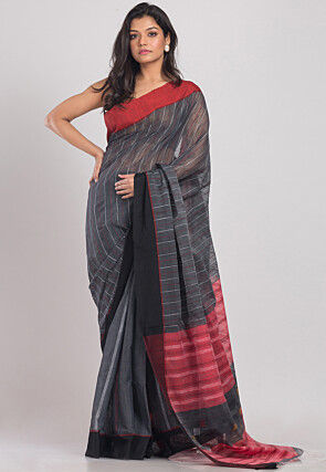 Handloom Cotton Silk Saree in Dark Grey