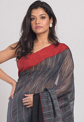Handloom Cotton Silk Saree in Dark Grey