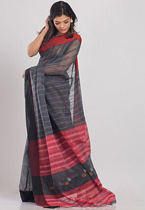Handloom Cotton Silk Saree in Dark Grey