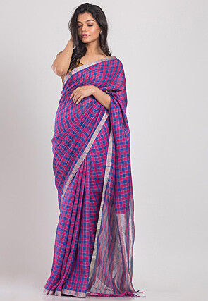Handloom Cotton Silk Saree in Dark Pink and Blue