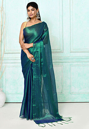 Handloom Cotton Silk Saree in Green and Blue