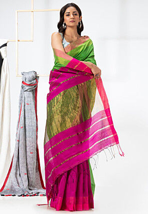 Handloom Cotton Silk Saree in Green and Magenta