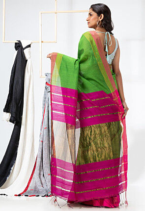 Handloom Cotton Silk Saree in Green and Magenta