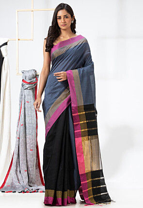 Handloom Cotton Silk Saree in Grey and Black