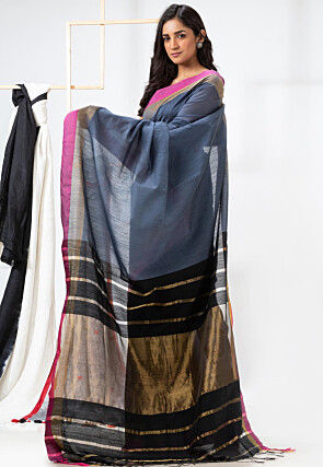 Handloom Cotton Silk Saree in Grey and Black