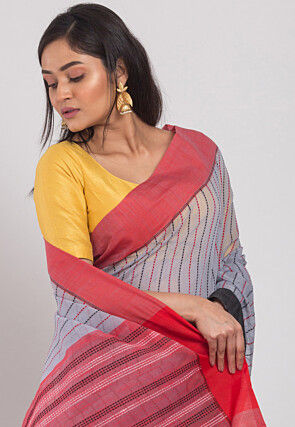 Handloom Cotton Silk Saree in Light Grey
