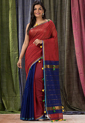 Handloom Cotton Silk Saree in Maroon and Royal Blue