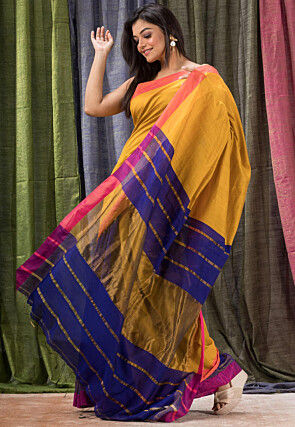 Handloom Cotton Silk Saree in Mustard and Royal Blue