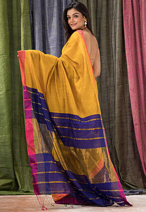 Handloom Cotton Silk Saree in Mustard and Royal Blue