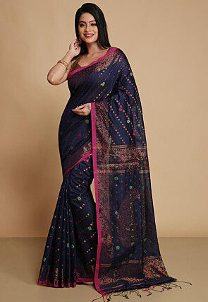 Handloom Cotton Silk Saree in Navy Blue
