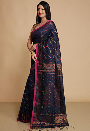Handloom Cotton Silk Saree in Navy Blue
