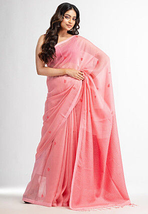 Handloom Cotton Silk Saree in Peach