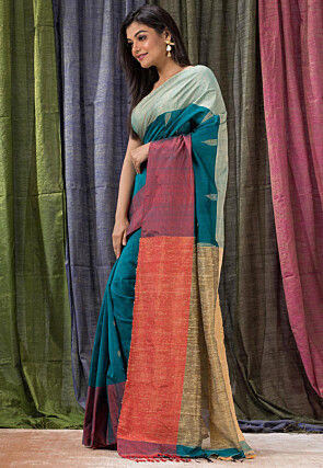 Handloom Cotton Silk Saree in Teal Blue