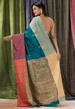 Handloom Cotton Silk Saree in Teal Blue