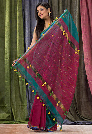 Handloom Cotton Silk Saree in Teal Blue
