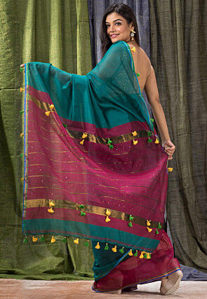 Handloom Cotton Silk Saree in Teal Blue