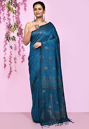 Handloom Cotton Silk Saree in Teal Blue