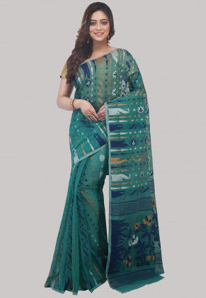 Handloom Cotton Silk Saree in Teal Blue