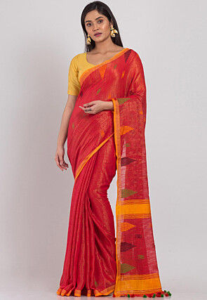 Handloom Cotton Silk Shimmer Saree in Red
