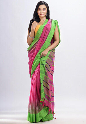 Handloom Cotton Slub Saree in Dark Pink