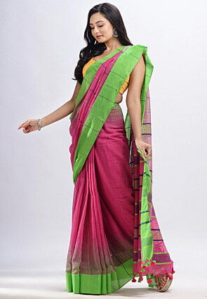 Handloom Cotton Slub Saree in Dark Pink