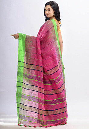 Handloom Cotton Slub Saree in Dark Pink