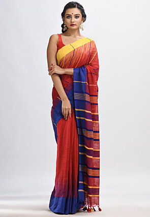 Handloom Cotton Slub Saree in Red