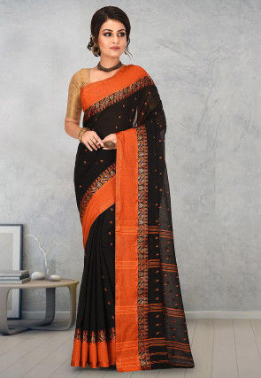 Handloom Cotton Tant Saree in Black