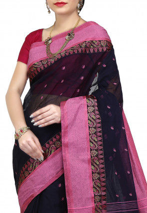 Handloom Cotton Tant Saree in Navy Blue