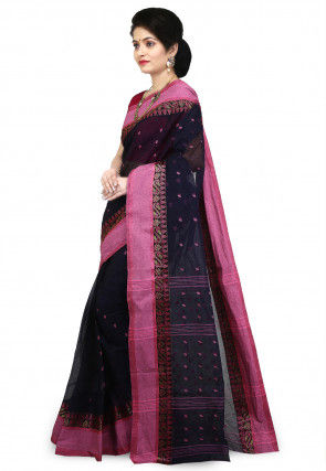 Handloom Cotton Tant Saree in Navy Blue