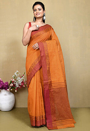 Handloom Cotton Tant Saree in Orange