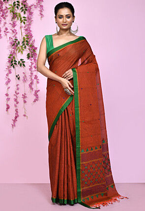Handloom Cotton Tant Saree in Rust